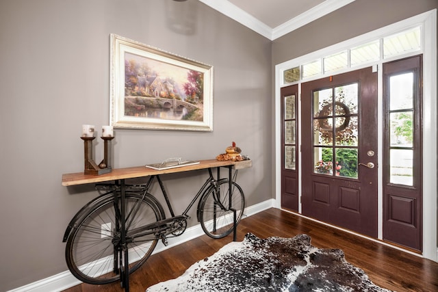 entrance foyer featuring ornamental molding and dark hardwood / wood-style flooring