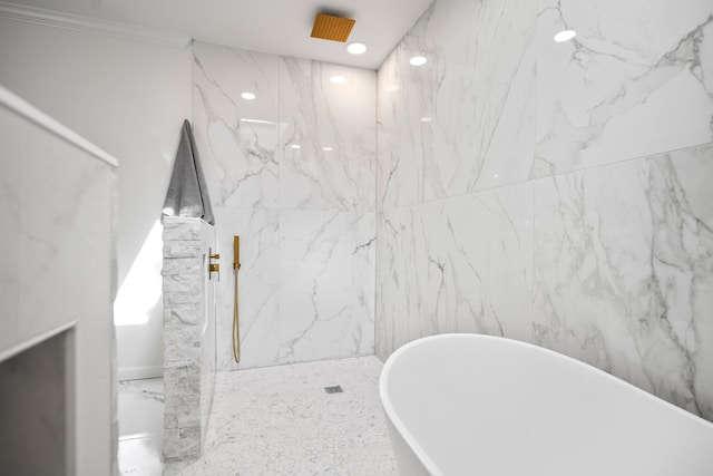 bathroom featuring tile walls and plus walk in shower