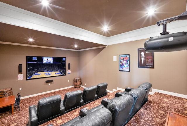 carpeted home theater with ornamental molding