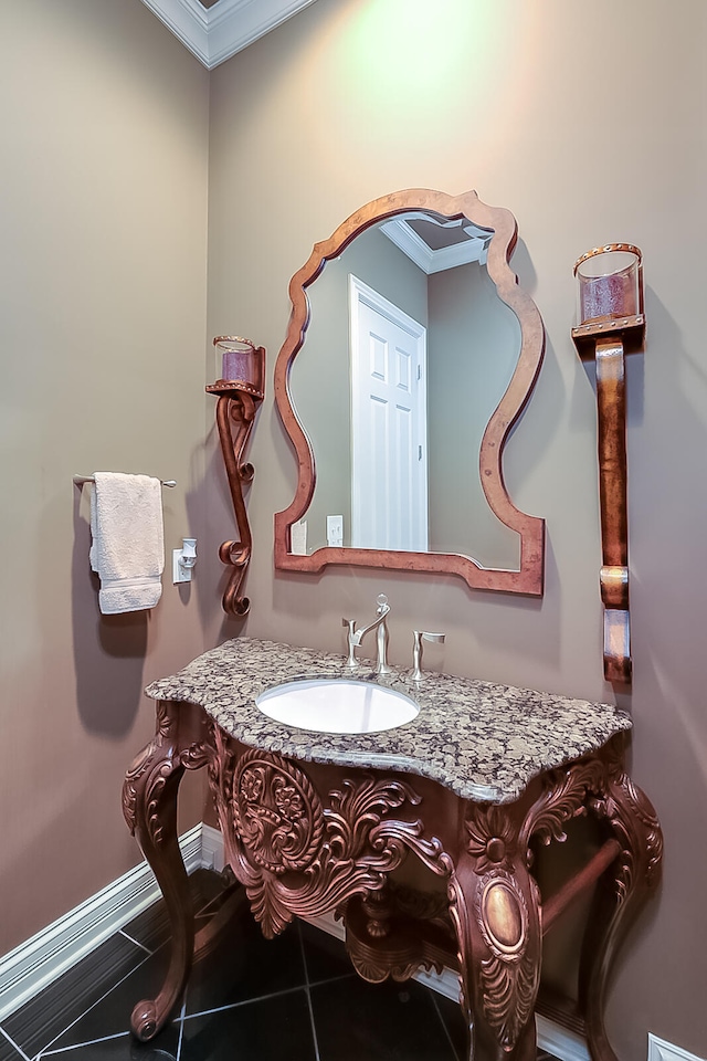 bathroom with vanity, tile patterned floors, and ornamental molding