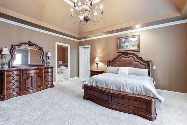 bedroom with ornamental molding, ensuite bath, a notable chandelier, high vaulted ceiling, and light colored carpet