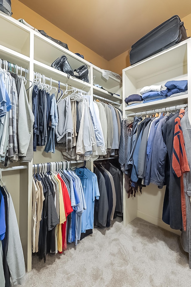 spacious closet featuring light colored carpet