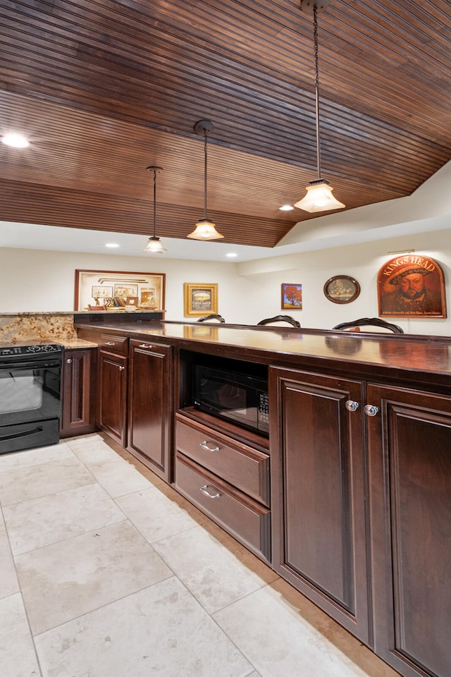 kitchen with dark brown cabinetry, black appliances, wood ceiling, and pendant lighting