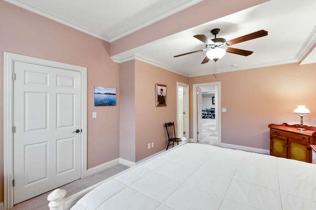 bedroom with light carpet, ceiling fan, and crown molding