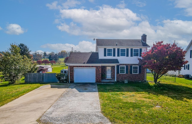 view of front of property featuring central AC, a front lawn, and a garage