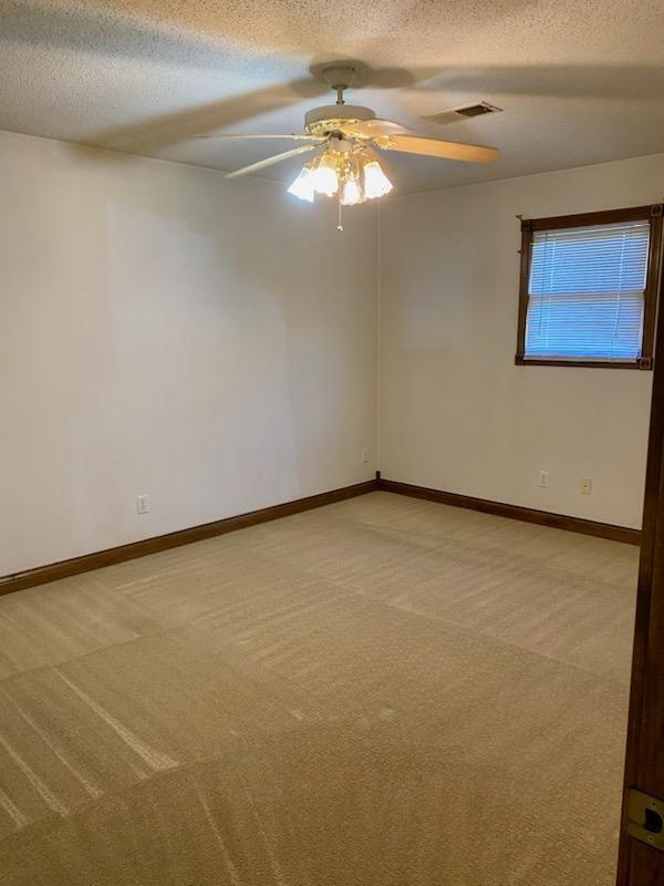 carpeted spare room with a textured ceiling and ceiling fan