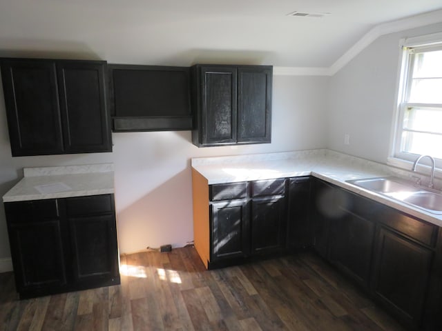 10 W Church St, Stanton, KY 40380 - kitchen with ornamental molding, dark wood-style flooring, light countertops, and dark cabinets