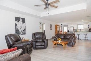 living room with ceiling fan, light hardwood / wood-style floors, and a raised ceiling