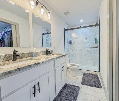 bathroom with vanity, an enclosed shower, and toilet