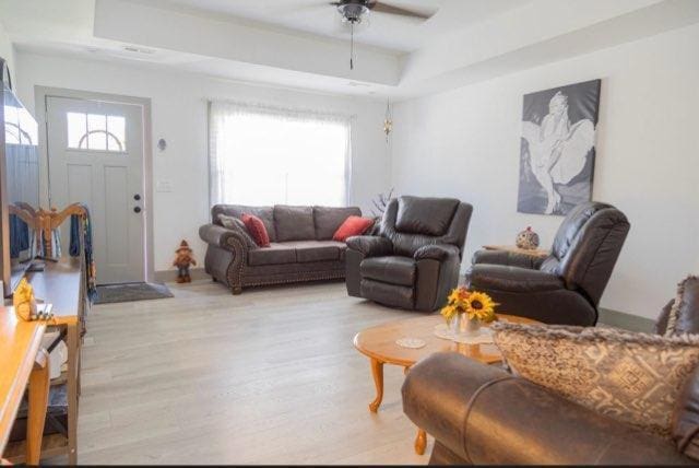 living room with light hardwood / wood-style floors, a tray ceiling, and ceiling fan