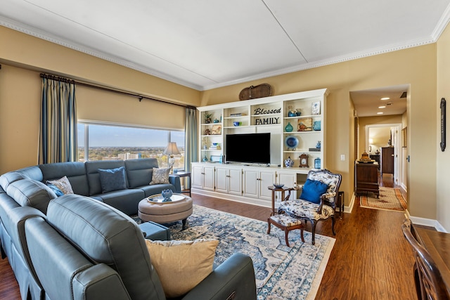 living room featuring dark hardwood / wood-style floors and ornamental molding