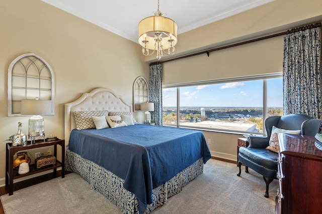 bedroom with light carpet, a chandelier, and ornamental molding