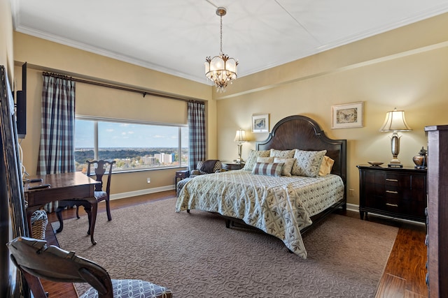 bedroom with crown molding, dark wood-type flooring, and a chandelier