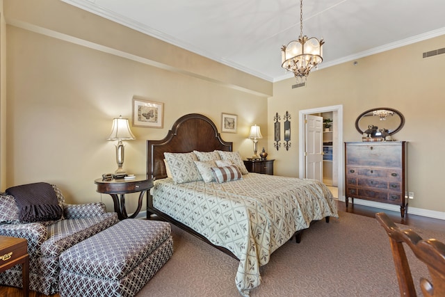 bedroom with an inviting chandelier and ornamental molding