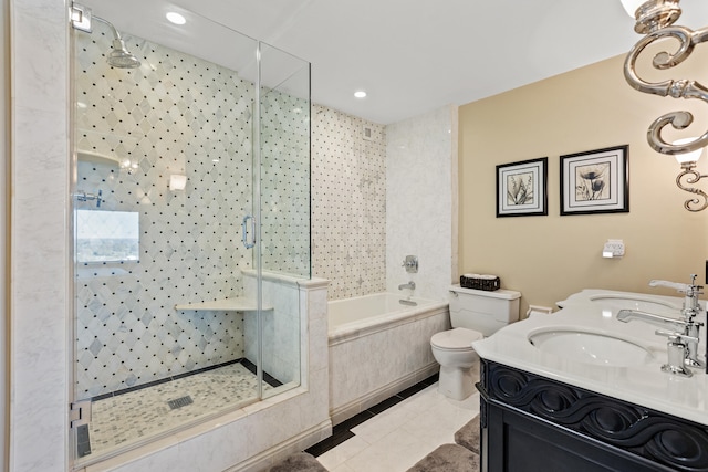 full bathroom with tile patterned flooring, vanity, toilet, and plus walk in shower