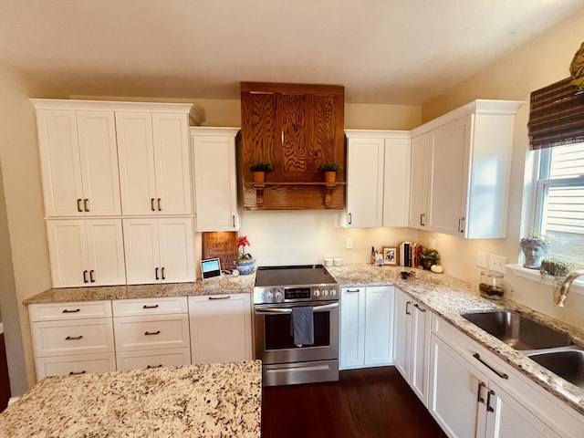 kitchen with white cabinetry, sink, electric range, and custom exhaust hood