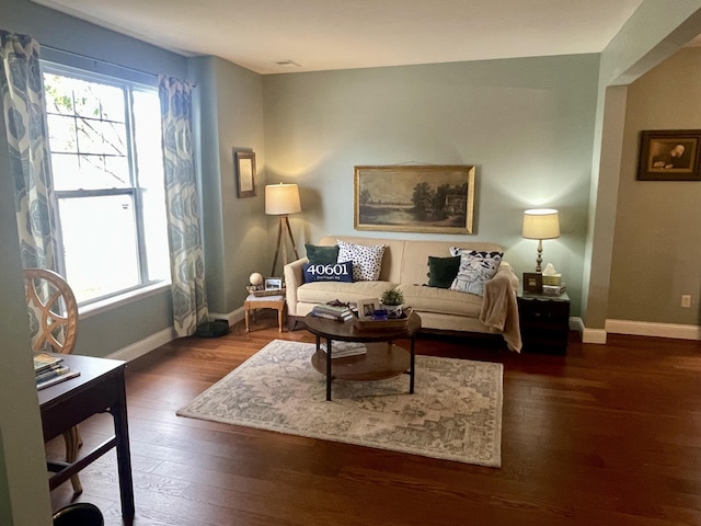 living room featuring a healthy amount of sunlight and dark hardwood / wood-style flooring