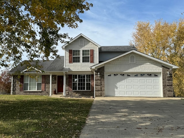 front facade featuring a front lawn and a garage