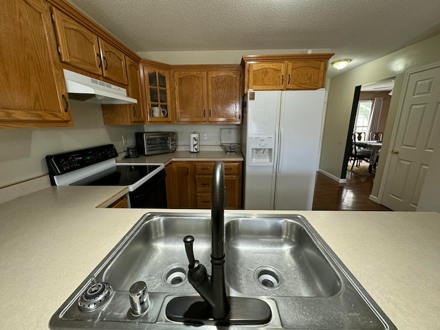 kitchen with a textured ceiling, black range with electric stovetop, sink, and white refrigerator with ice dispenser