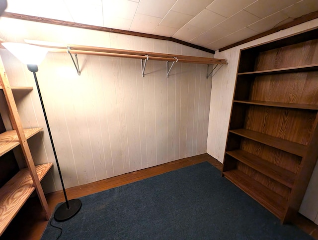 spacious closet featuring lofted ceiling and dark colored carpet