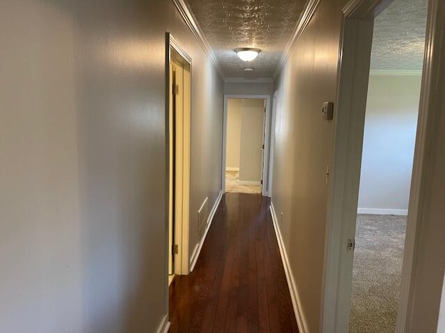 hall featuring ornamental molding and dark hardwood / wood-style flooring