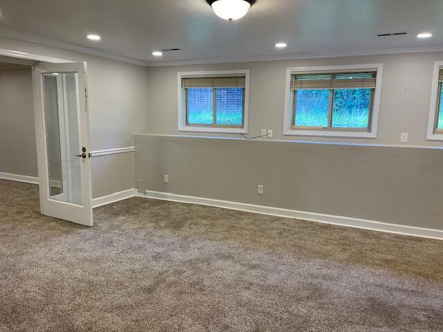 spare room with crown molding and carpet floors