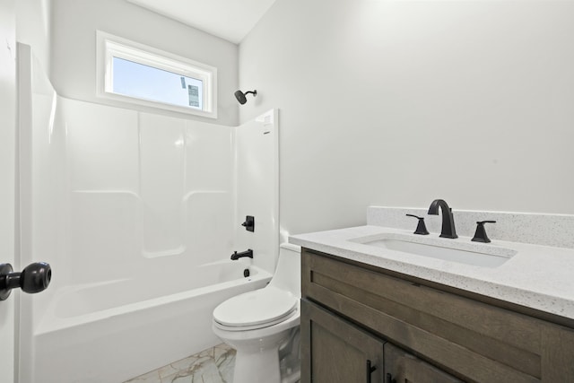 full bathroom featuring vanity, tub / shower combination, and toilet