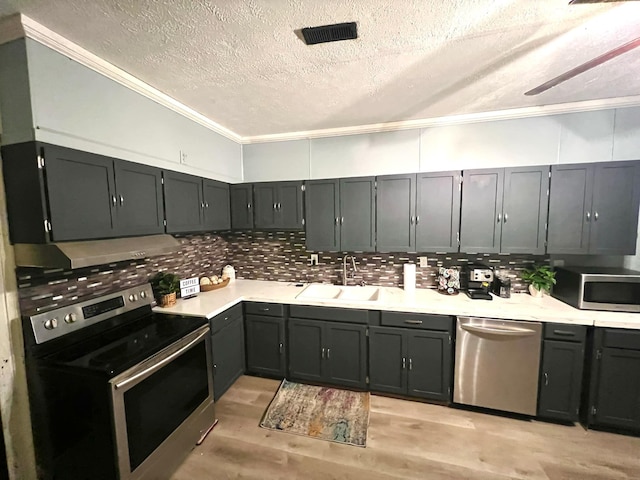 kitchen featuring sink, light wood-type flooring, backsplash, stainless steel appliances, and ornamental molding