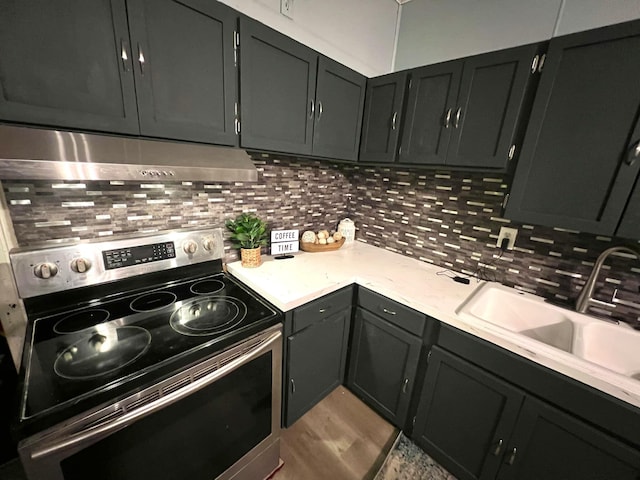 kitchen featuring hardwood / wood-style floors, tasteful backsplash, sink, and electric stove