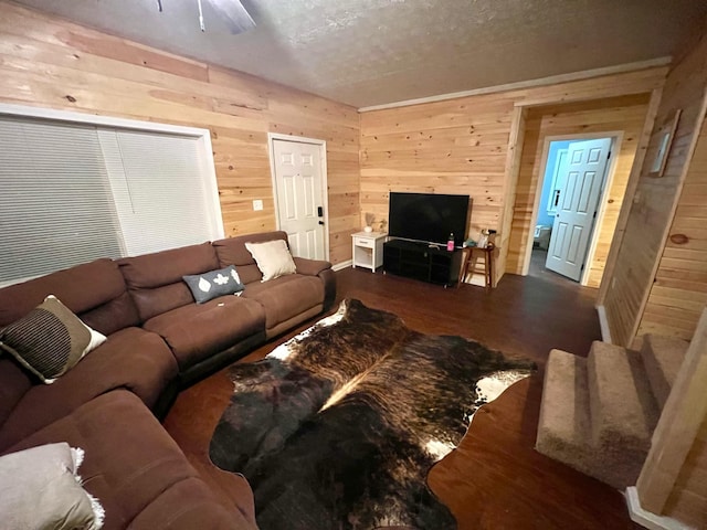 living room featuring dark hardwood / wood-style flooring and wooden walls