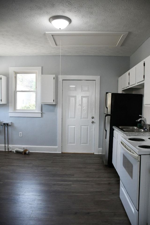 kitchen with white cabinetry, white electric stove, a textured ceiling, and dark hardwood / wood-style flooring