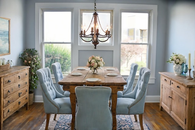 dining area featuring a notable chandelier, dark wood-type flooring, and a wealth of natural light