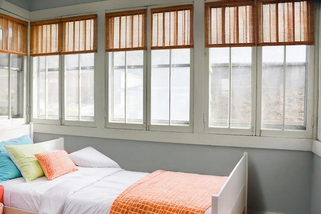 bedroom featuring a water view and multiple windows