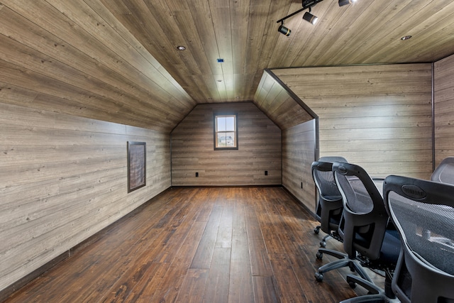 unfurnished office featuring dark hardwood / wood-style floors, wood ceiling, lofted ceiling, and wood walls