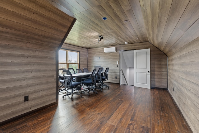 unfurnished office featuring wooden ceiling, a wall mounted air conditioner, dark hardwood / wood-style floors, vaulted ceiling, and wooden walls