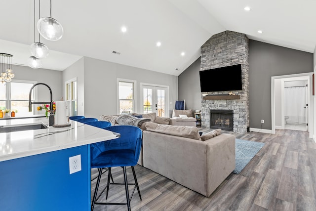 living room featuring dark wood-type flooring, high vaulted ceiling, french doors, a stone fireplace, and sink