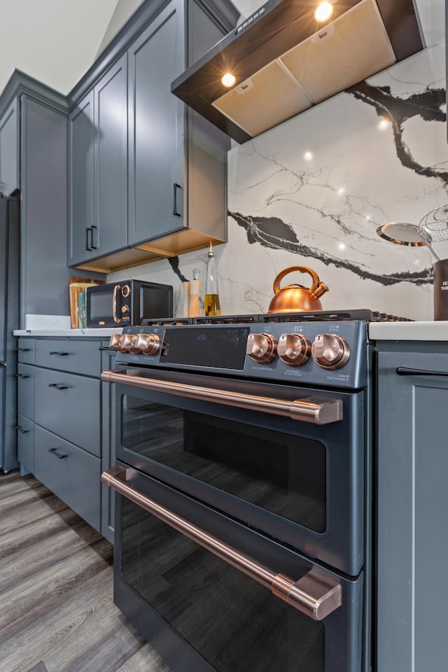 kitchen with ventilation hood, appliances with stainless steel finishes, and light hardwood / wood-style flooring