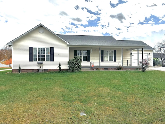 single story home with a porch, a front lawn, and a garage