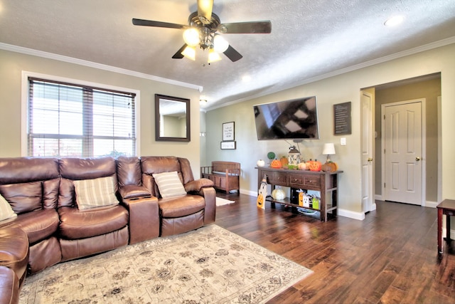 living room with ceiling fan, a textured ceiling, ornamental molding, and dark hardwood / wood-style flooring