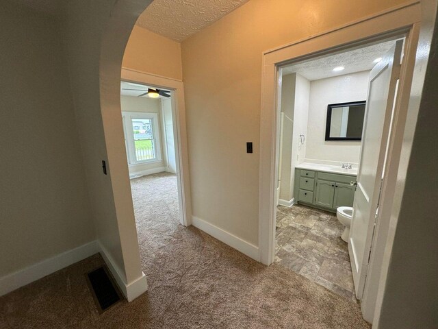 hall featuring sink, light carpet, and a textured ceiling