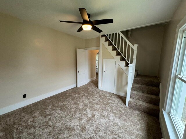 stairs featuring carpet flooring and ceiling fan