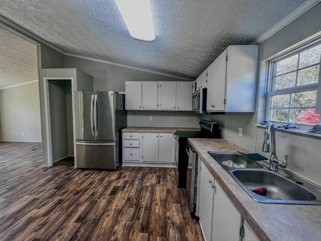 kitchen featuring white cabinetry, appliances with stainless steel finishes, sink, and vaulted ceiling