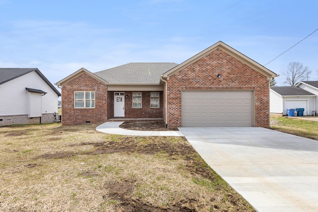 ranch-style house featuring a garage, brick siding, concrete driveway, and a shingled roof