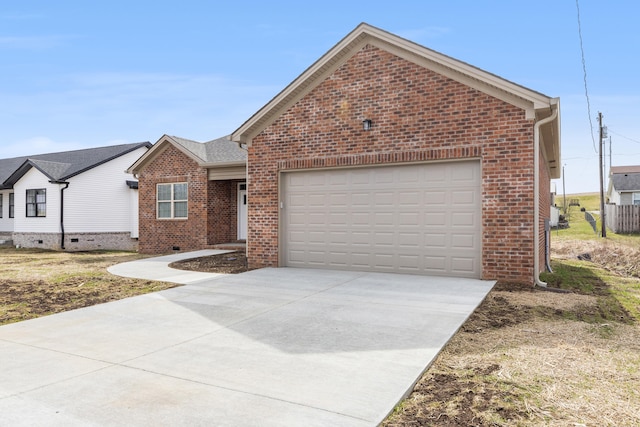 ranch-style home with brick siding, concrete driveway, and a garage