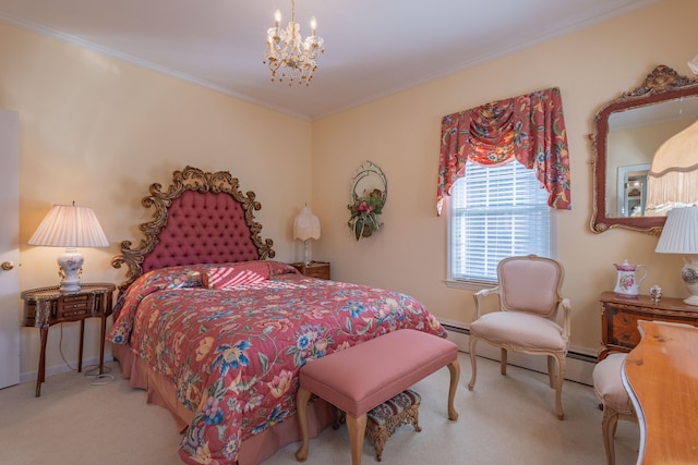 carpeted bedroom featuring crown molding and an inviting chandelier