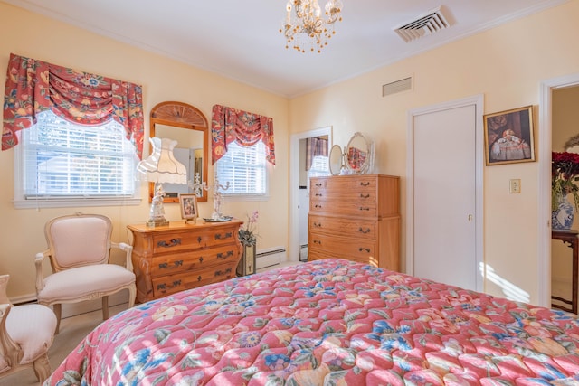 bedroom with multiple windows, a baseboard heating unit, crown molding, and a notable chandelier