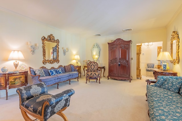 carpeted living room featuring crown molding