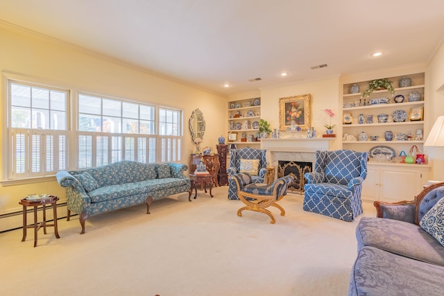 living room with light colored carpet, built in features, and crown molding