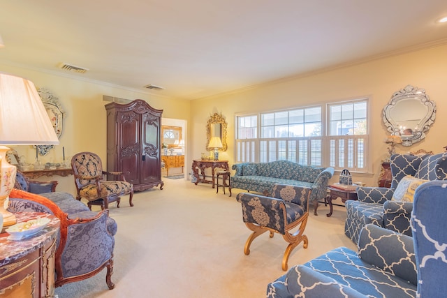 living room with light carpet and ornamental molding