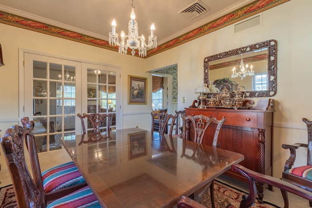 tiled dining space with a wealth of natural light, an inviting chandelier, and ornamental molding